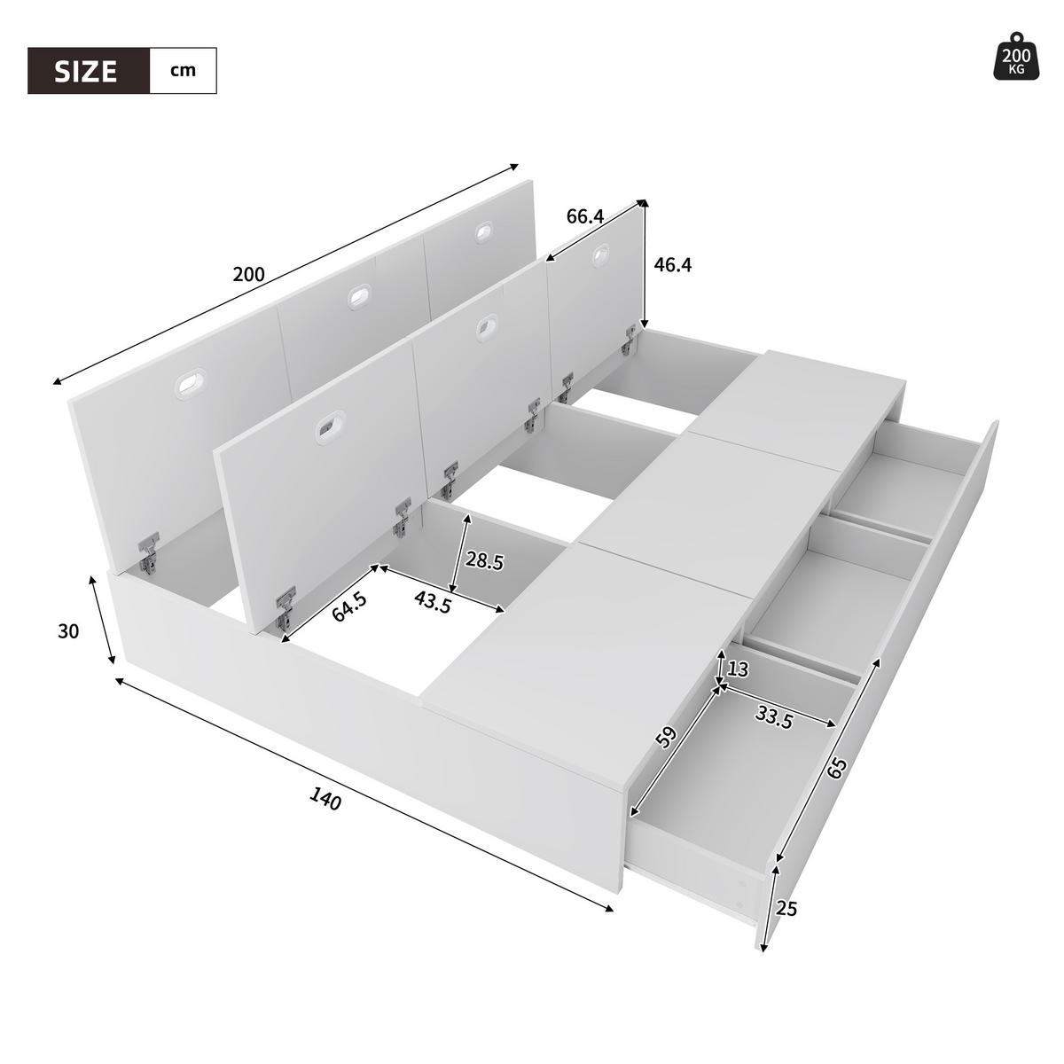 STAURAUMBETT 140/200 cm Weiß mit Aufbewahrungsboxen und Schubladen - Weiß, Holzwerkstoff (140/200cm) - OKWISH