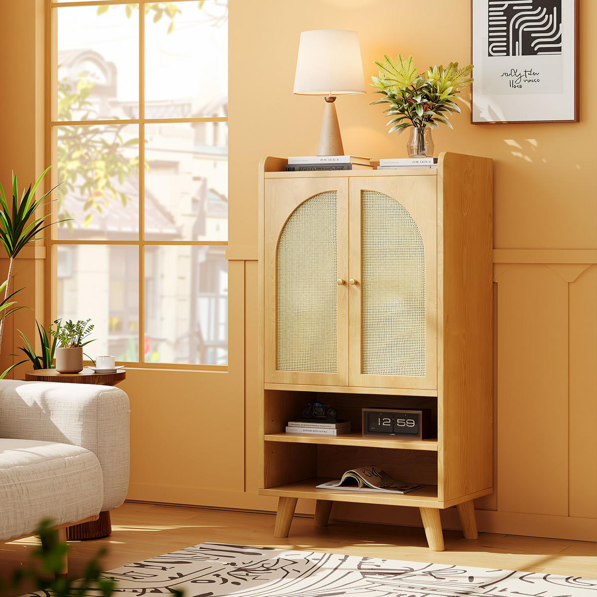 SCHUHREGAL 60 cm Naturholz mit Rattantüren mit offenen Fächern im Boho-Stil - Naturfarben, Holzwerkstoff (60/121/40cm) - Urban Meuble