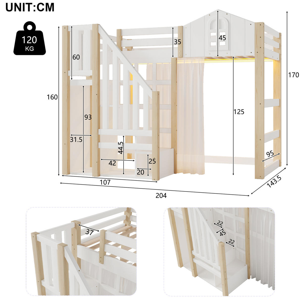 HOCHBETT 90/200 cm mit LED-Beleuchtung, Ablageleiter, offenem Staufach und Gaze aus Kiefernholz, Weiß/Natur - Weiß, Holz (90/200cm) - Redom