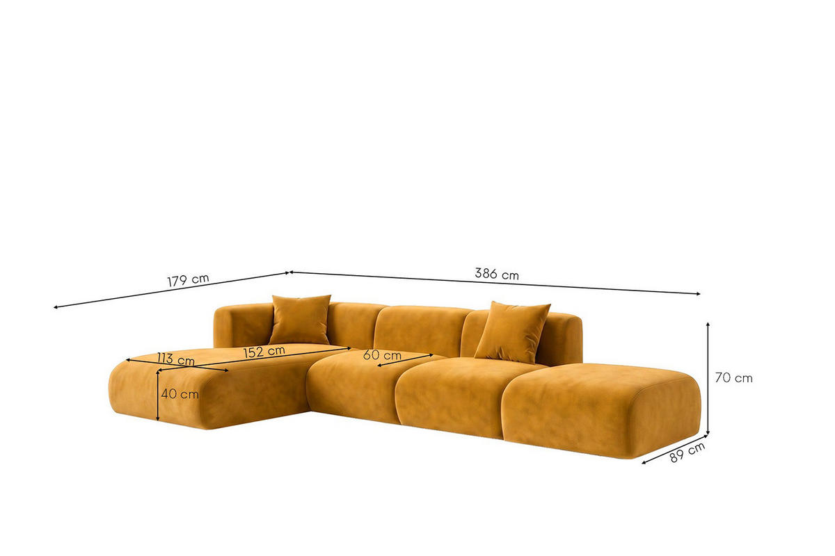 ECKSOFA L-Form Mit Hocker, Velvet-Stoff Bluvel, Golden, Links, GRETA - Goldfarben, Holz (386/179cm) - Kaiser Möbel