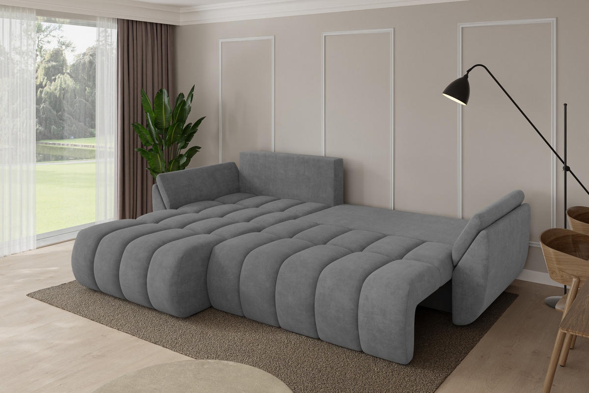 ROHOVÁ SEDAČKA s funkcí spaní, otoman vlevo TOKO-L-v1 277x194x86 šedá velur - černá/šedohnědá, kompozitní dřevo/textil (277/194cm) - ALTDECOR