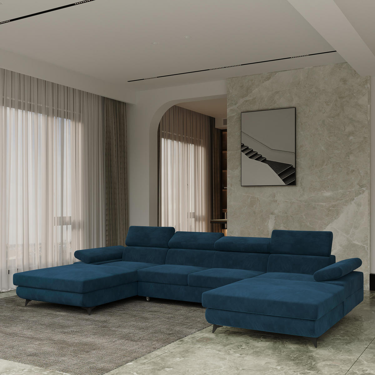 WOHNLANDSCHAFT DETTI Blau Velours-Stoff mit Schlaffunktion - Blau, Holz (339/89/190cm) - MASSENO