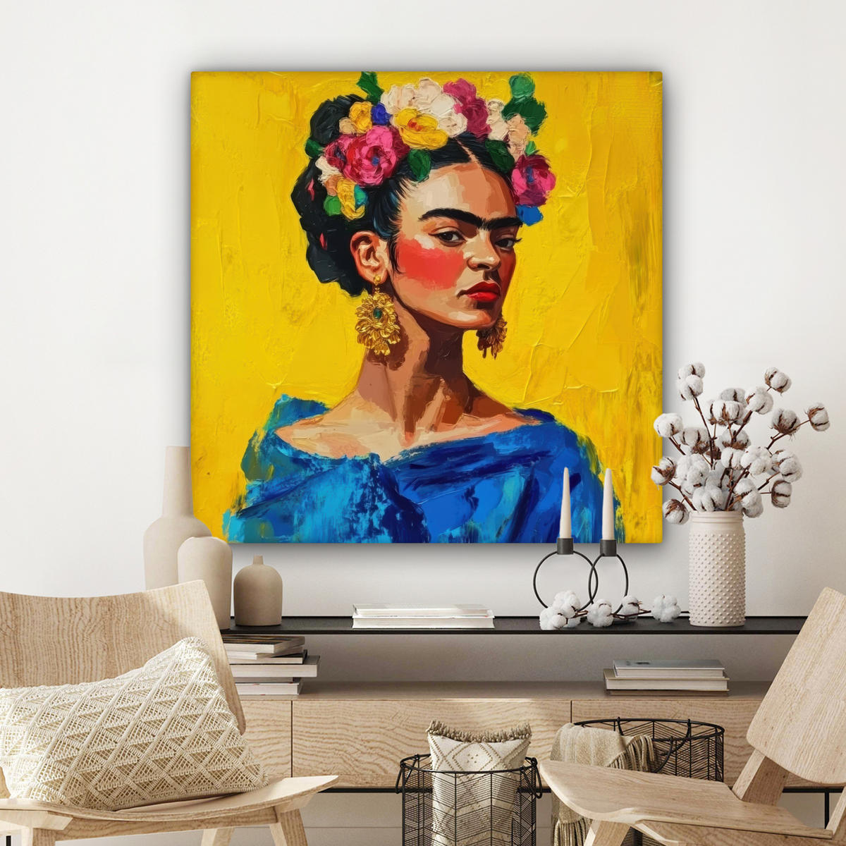 LEINWANDBILD Frida Kahlo - Frau - Gelb - Blau - Blumen Deko Groß 90x90 cm - Gelb, Textil (90/90cm) - MuchoWow