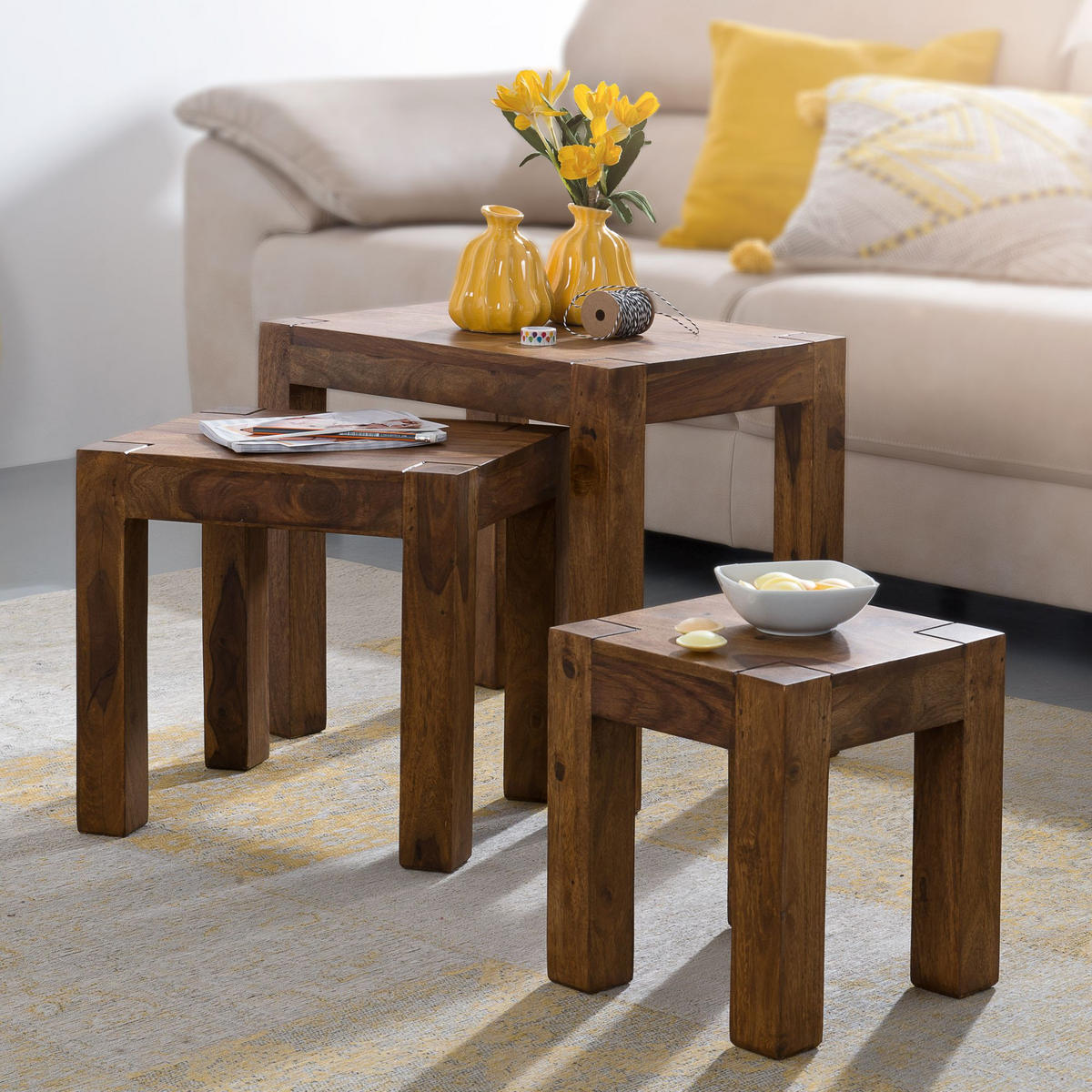 BEISTELLTISCH 3er Set Massivholz Platzsparend Landhausstil NAKO, Braun 50x36x45 cm - Braun, Holz (36/50/45cm) - KADIMA DESIGN