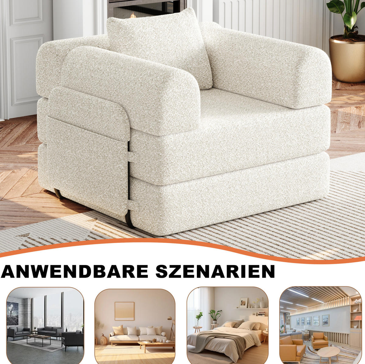 SCHLAFSOFA aus Chenille Beige 2-in-1 mit Armlehnen-Ablagefach und Stahlrahmen - Beige, Textil (94/50/182cm) - Modfu