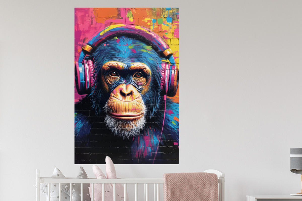 WANDTATTOO Graffiti - Schimpanse - Straßenkunst - Kopfhörer - Affe 80x120 cm - Blau, Kunststoff (80/120/0.1cm) - MuchoWow