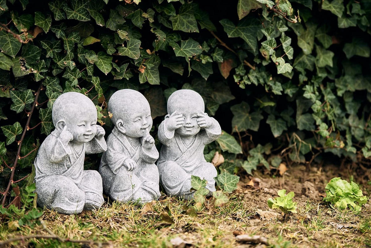 STEINFIGUR 3er Set Shaolin Mönche Nichts sehen, Nichts hören, Nichts Sagen, Steinguss - Grau, Stein (8/16/10cm) - stoneandstyle