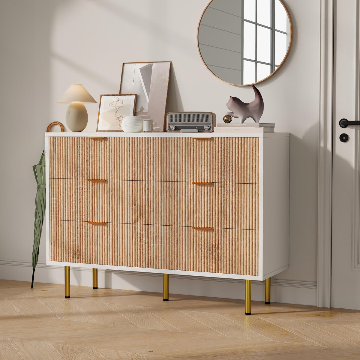 KOMMODE mit 6 Schubladen, Schubladenschrank Holz, in Naturholzfarbe + Weiß - Goldfarben/Naturfarben, Holz/Metall (34/73/100cm) - BPKADHY