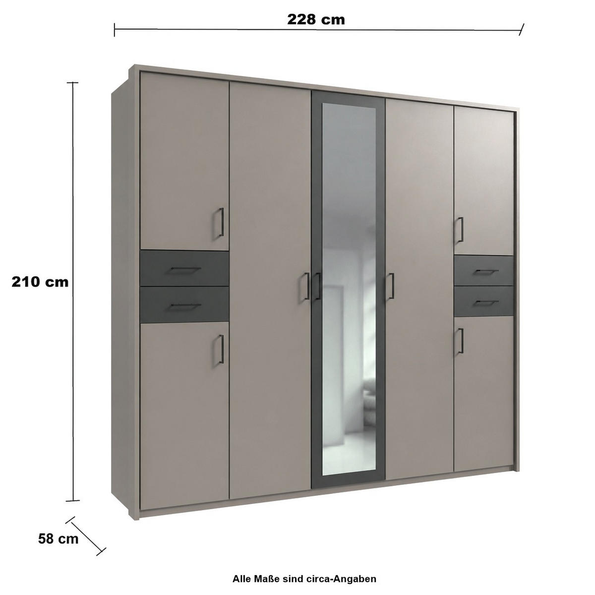 DREHTÜRENSCHRANK Kleiderschrank 228 cm mit Schubkästen & Passepartout & 1 Spiegeltür, Sand Grau mit Absetzungen in Grafit, Griffe schwarz / 22573 - Sandfarben/Graphitfarben, Holzwerkstoff/Metall (228/210/58cm) - luma-home