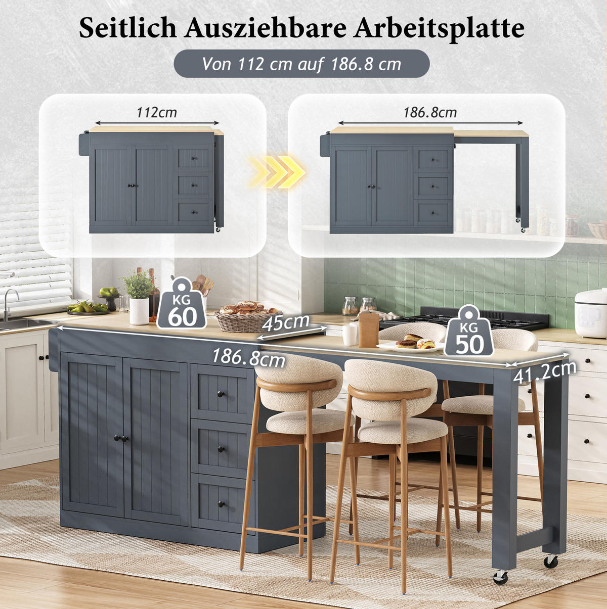 KÜCHENINSEL mit ausziehbarer Arbeitsplatte 112-186,8 x 45 x 93 cm MDF Grau - Grau, Holz (45/93/130cm) - Beauniv