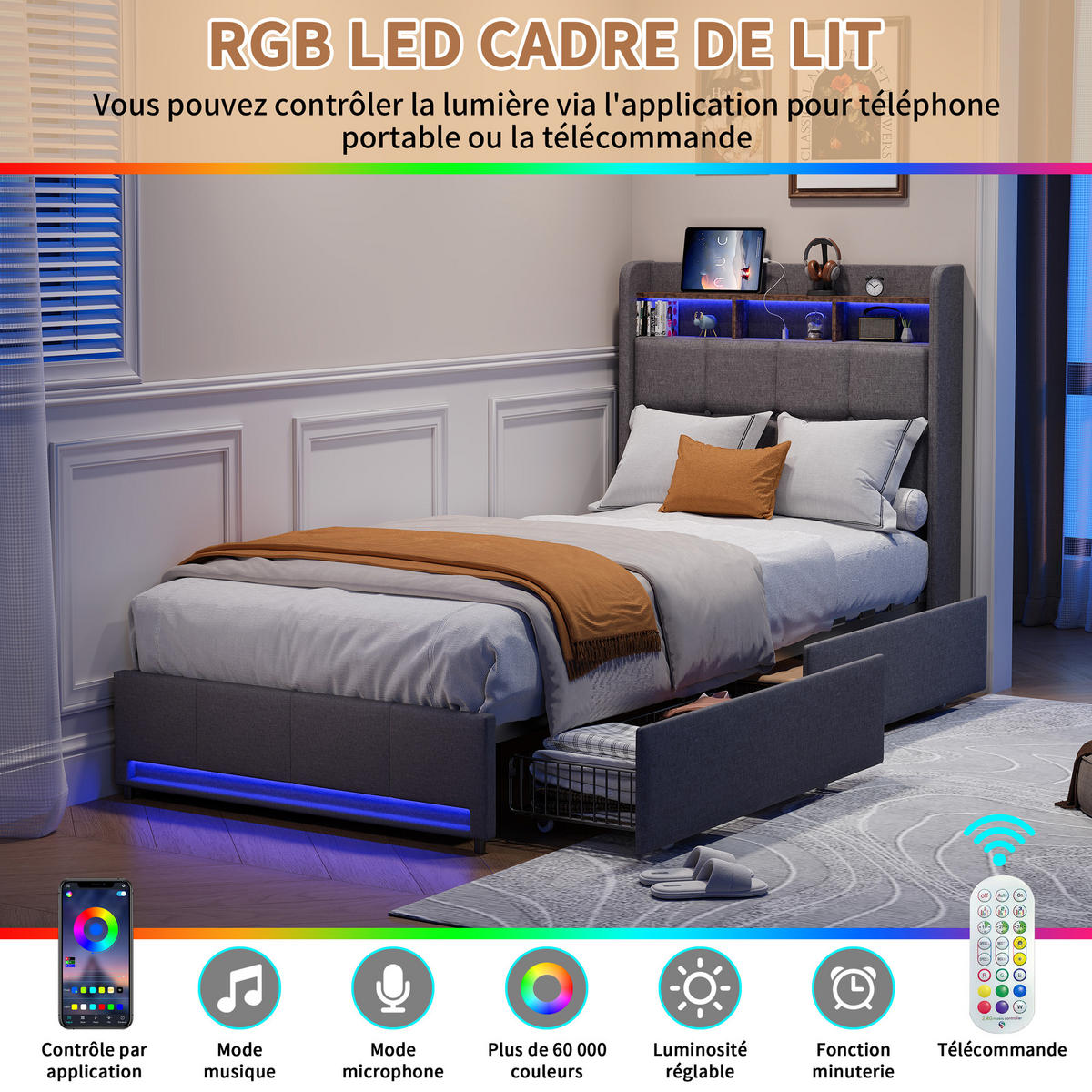 BETT 90x200 cm mit Schubladen, Kopfteil mit Stauraum und LED-Beleuchtung, USB- und Typ-C-Anschlüsse, Leinenstoff, Lattenrost - Grey - Grau, Holzwerkstoff (90/200cm) - Brevoria