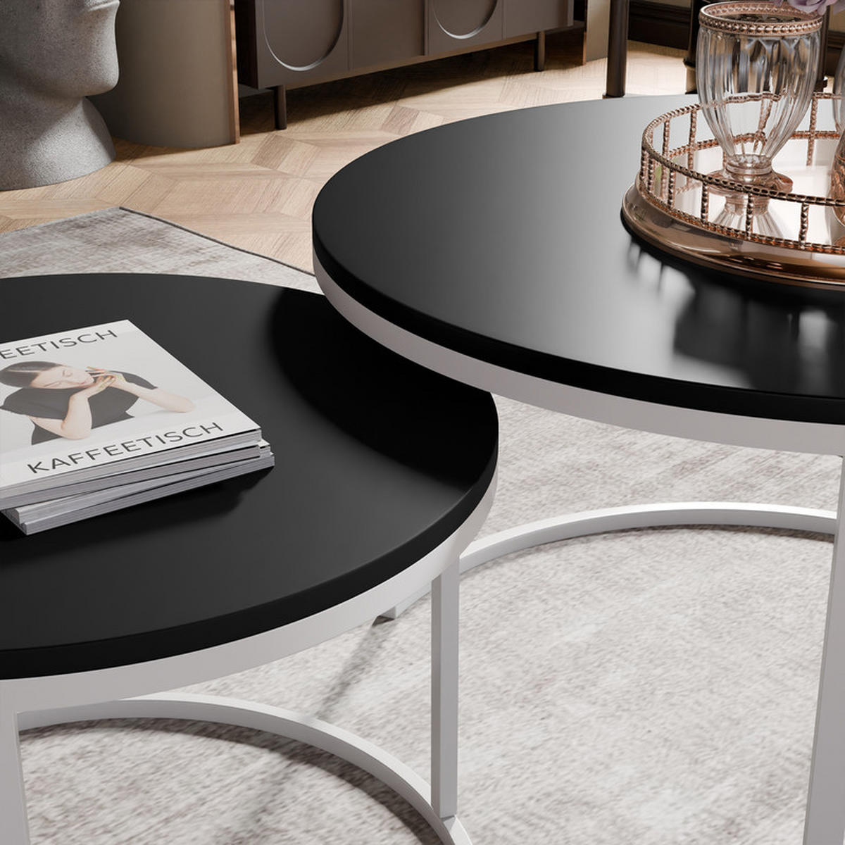 COUCHTISCH rund Groß, Mattschwarz, Rahmen Weiß - Schwarz/Weiß, Metall (70/70/48cm) - Idohome