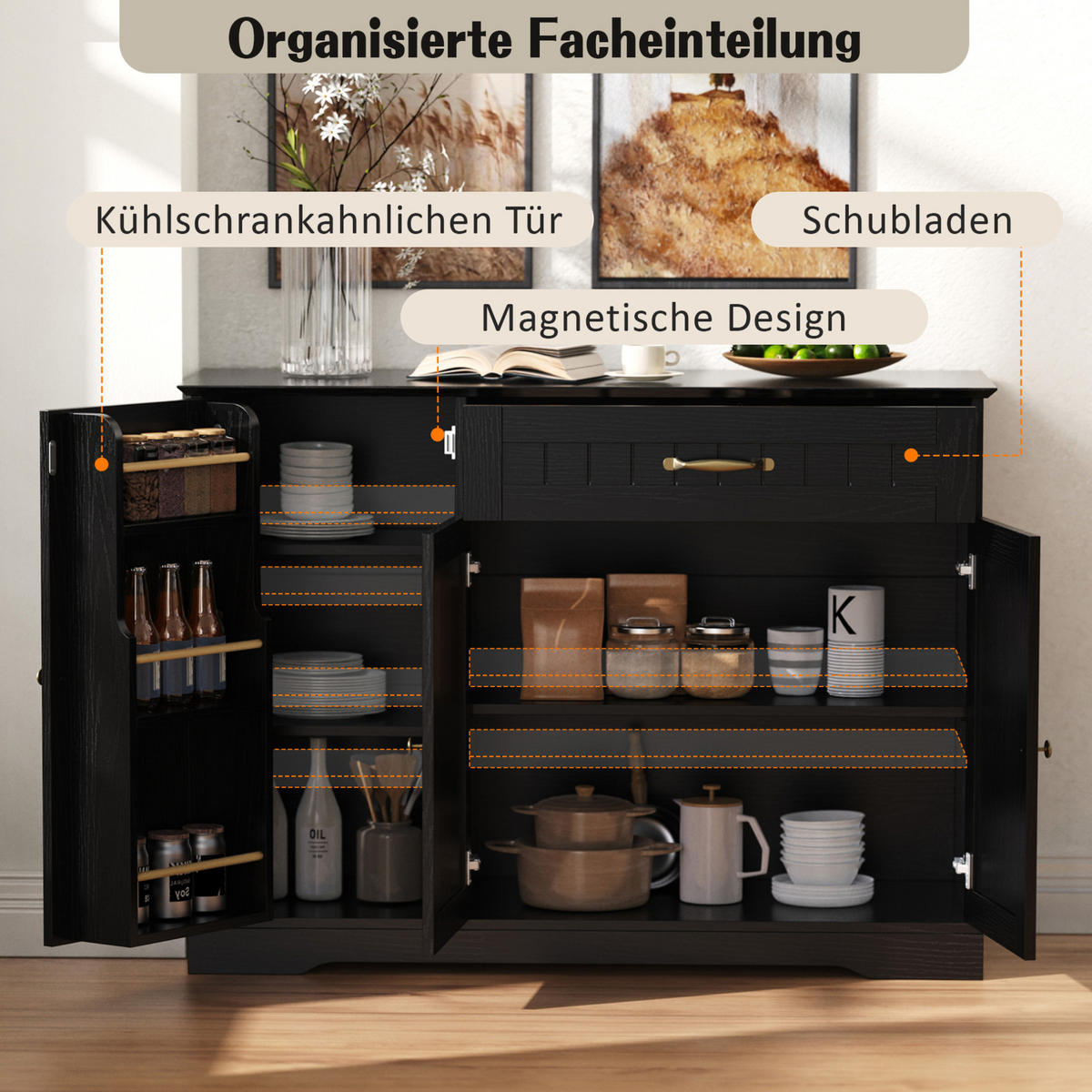 SIDEBOARD in Schwarz mit 3 Türen und 1 Schublade aus MDF,107/83.4/40 cm - Schwarz, Holzwerkstoff (107/83.4/40cm) - Flora Grace