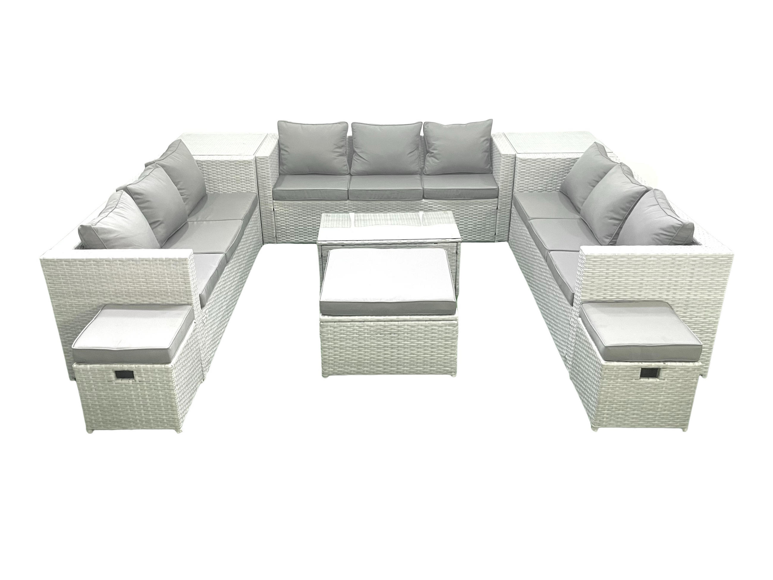 GARTENSET mit 3-SITZER SOFA,COUCHTISCH Polyrattan Hellgrau-Mix 12-Sitzer - Hellgrau/Grau, Glas/Kunststoff - Fimous