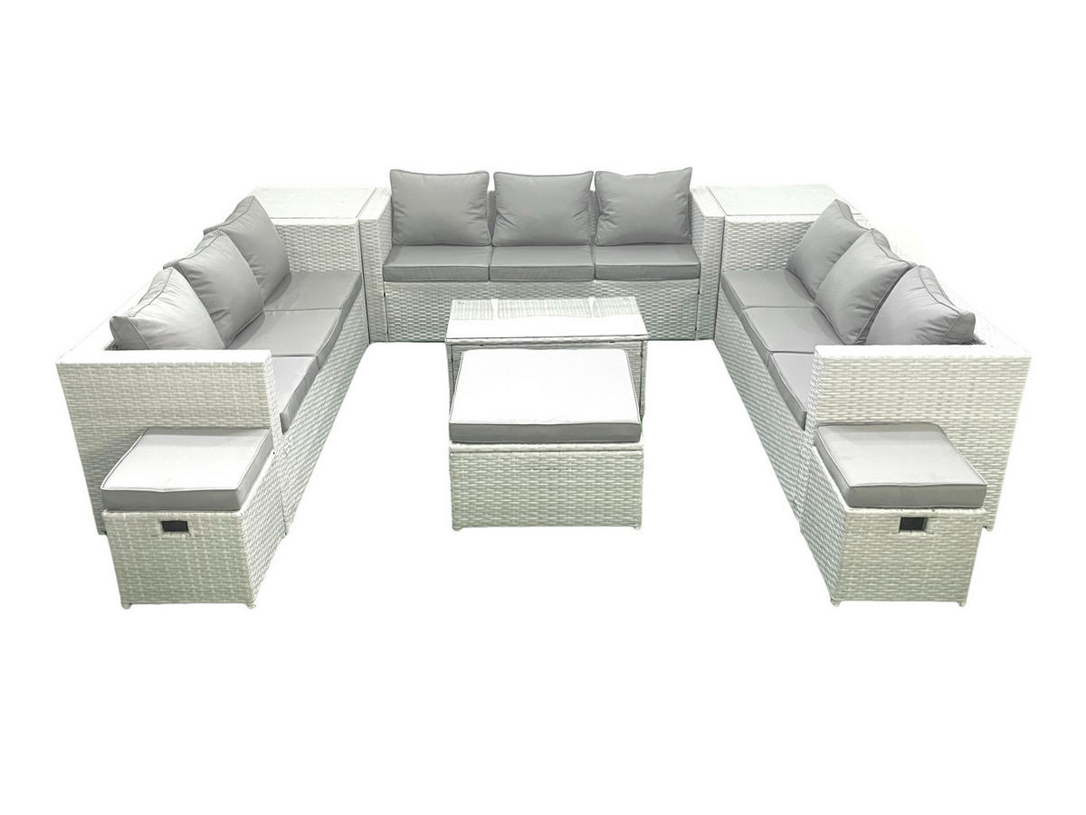 GARTENSET mit 3-SITZER SOFA,COUCHTISCH Polyrattan Hellgrau-Mix 12-Sitzer - Hellgrau/Grau, Glas/Kunststoff - Fimous