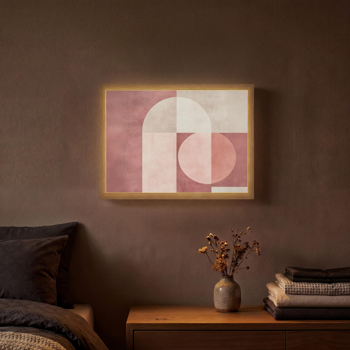 NÁSTĚNNÁ LAMPA S AKUMULÁTOREM Postavy - Abstraktní - Růžová 40x30 cm - starorůžová, kompozitní dřevo (40/30/8cm) - OnlyWow
