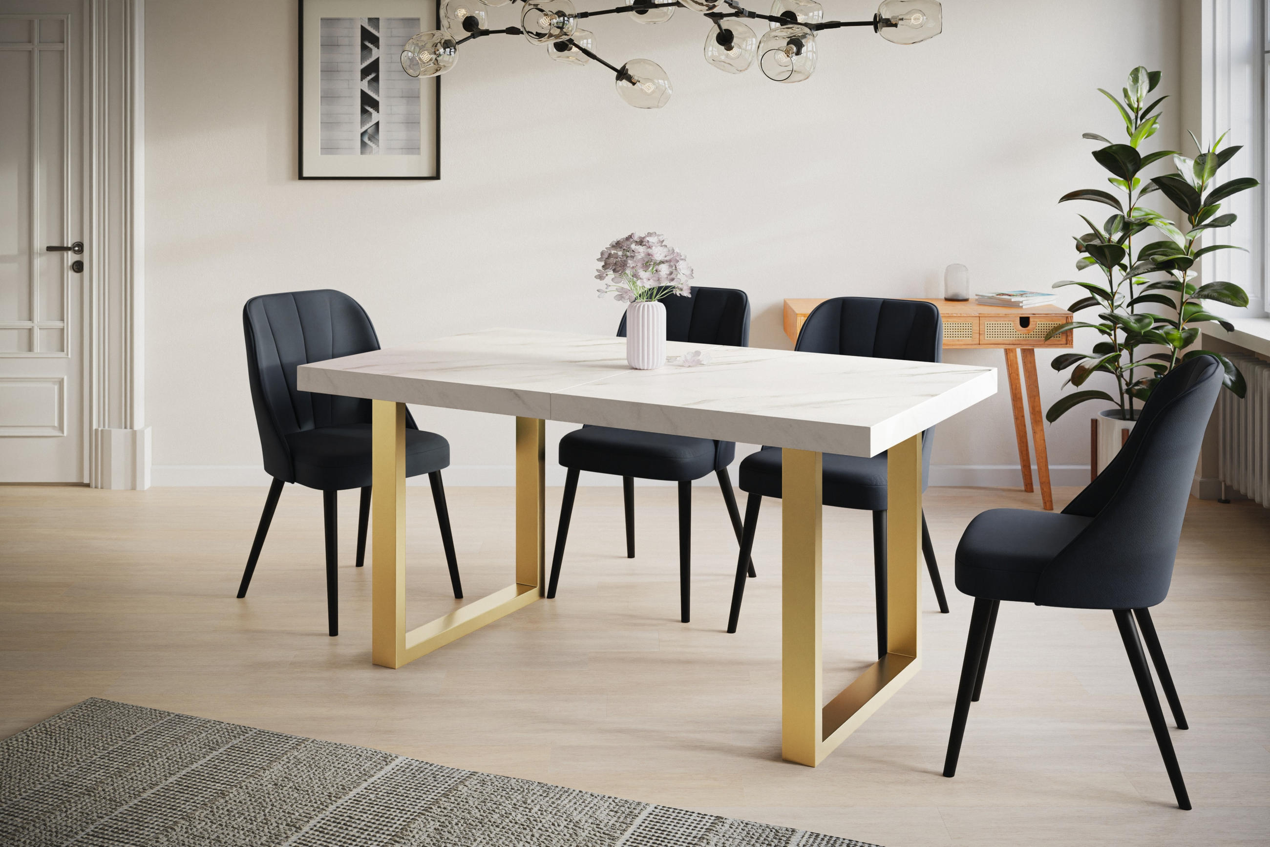 ESSZIMMERTISCH LOFT-U, ausziehbarer Tisch 180-280X90X77 cm, Farbe: MARMUR, mit Metallbeinen in Farbe Gold - Goldfarben/Hellgrau, Holzwerkstoff (180/90/77cm) - Alpi-Möbel