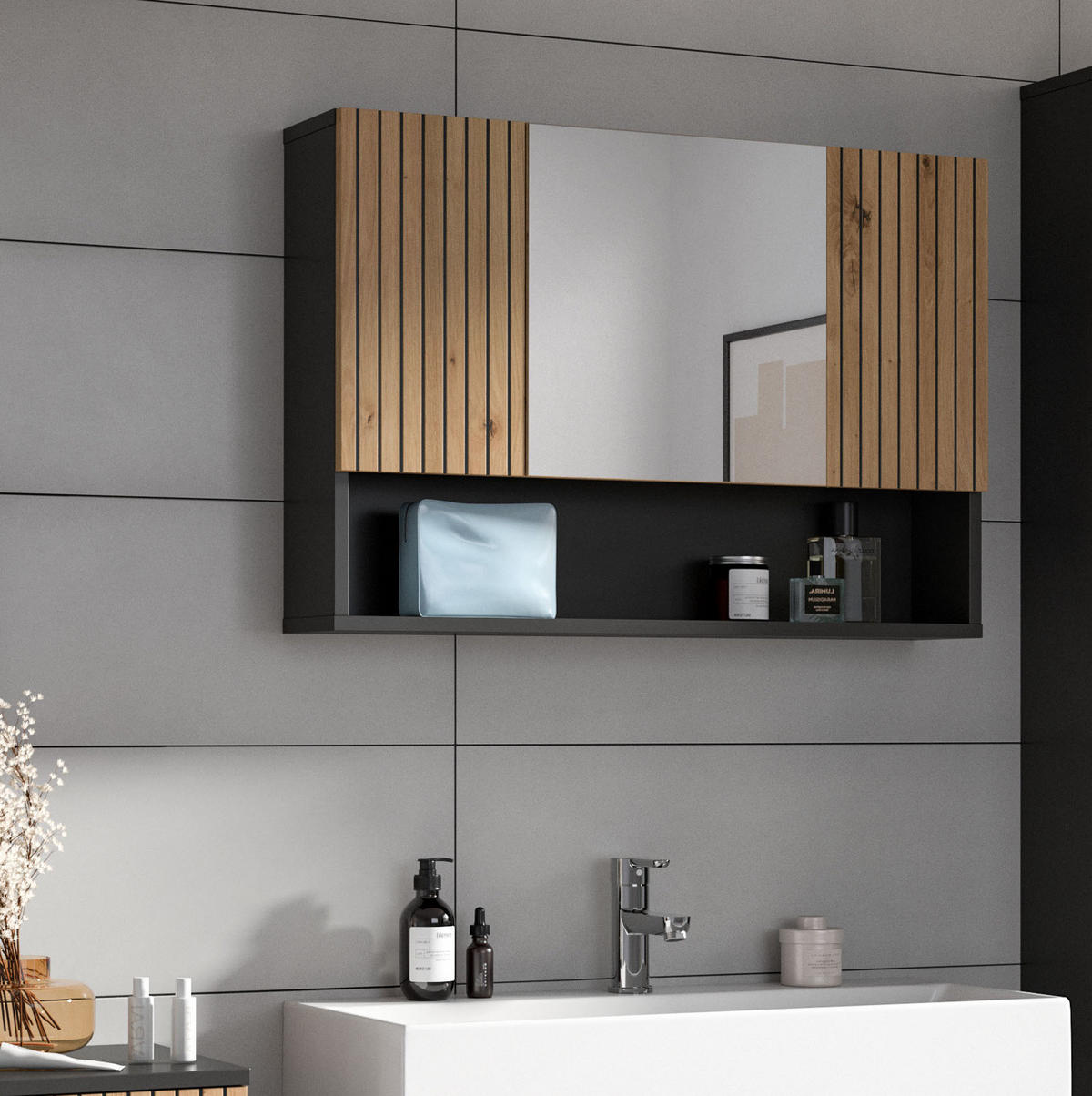 SPIEGELSCHRANK Eiche Artisan, grau 80 x 55 cm, Badschrank 3-türig - Eiche Artisan, Glas/Holzwerkstoff (80/55/17cm) - Inn.Furn