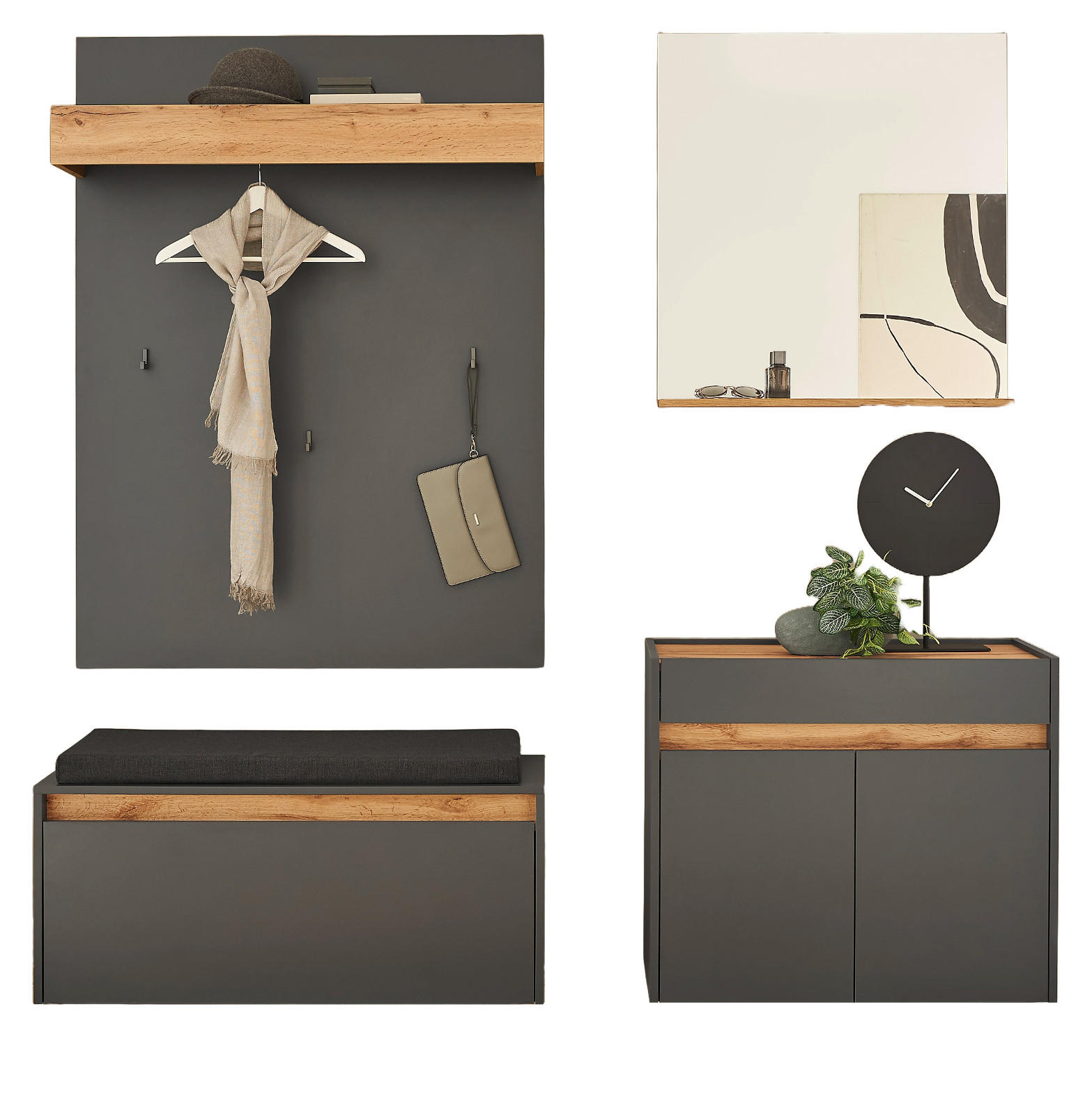 GARDEROBEN-SET 5-teilig grau matt, Eiche Wotan 190 cm, Kombination inklusive Sitzkissen - Silberfarben/Eiche Wotan, Glas/Holzwerkstoff (190/200/40cm) - Furn.Design