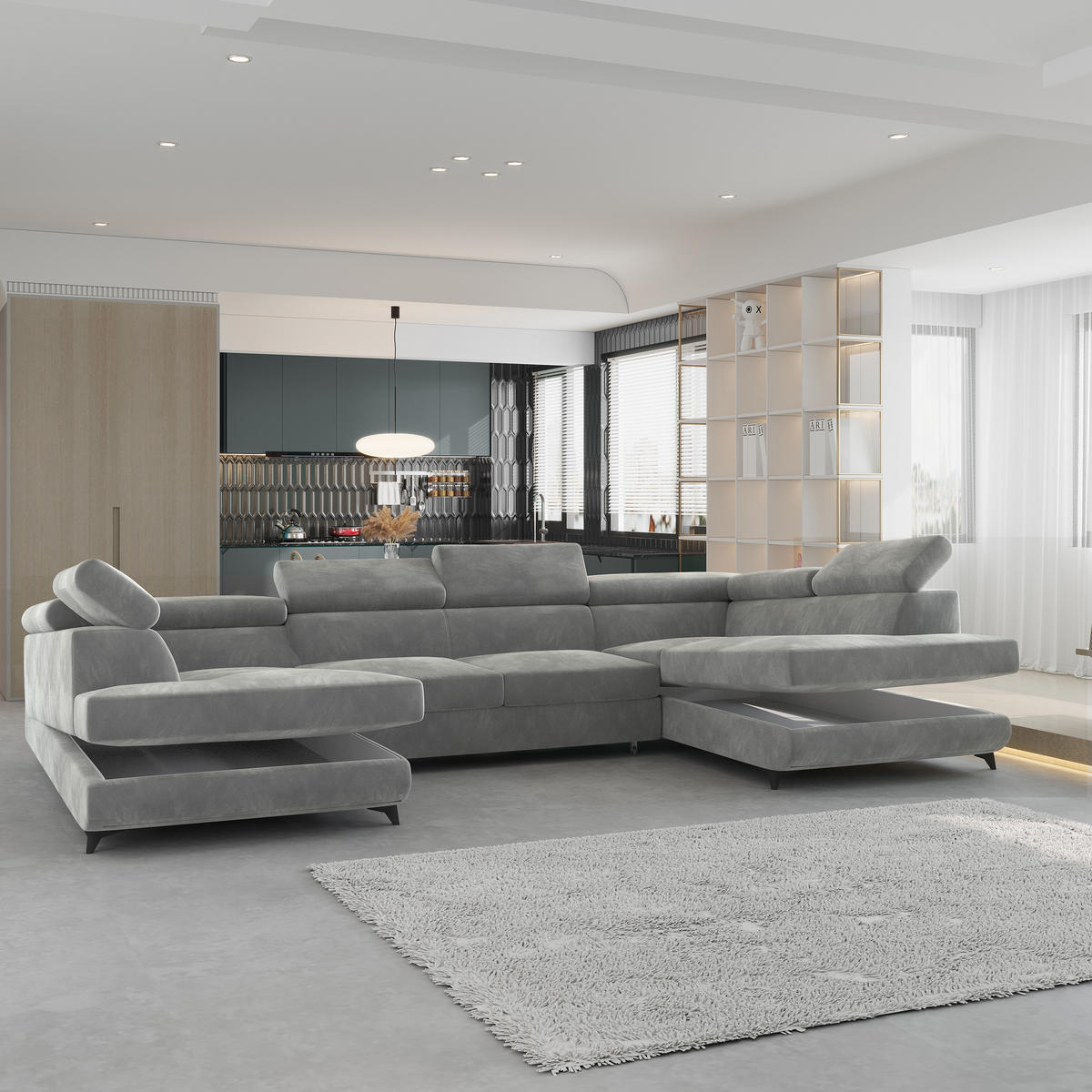 WOHNLANDSCHAFT VINTESSA Hellgrau Velours-Stoff mit Schlaffunktion - Hellgrau, Holz (323/89/190cm) - MASSENO