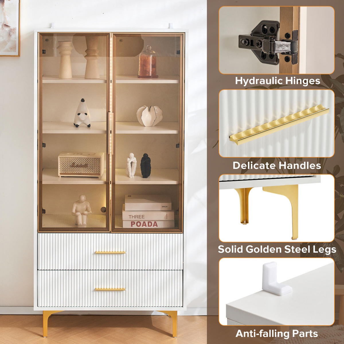 GLASVITRINE Weiß Gold 70/35/150 cm - Weiß, Holzwerkstoff (70/150/35cm) - PANGIVO