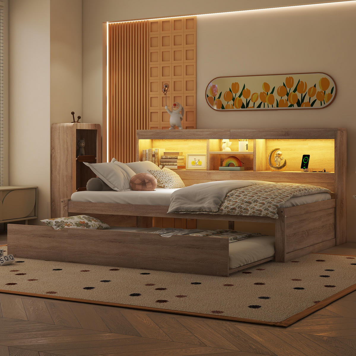 TAGESBETT 90/200 cm aus Holzwerkstoff mit LED-Beleuchtung, Ausziehbett, USB-Anschluss und Stauraum, Natur - Naturfarben, Holzwerkstoff (90/200cm) - Redom