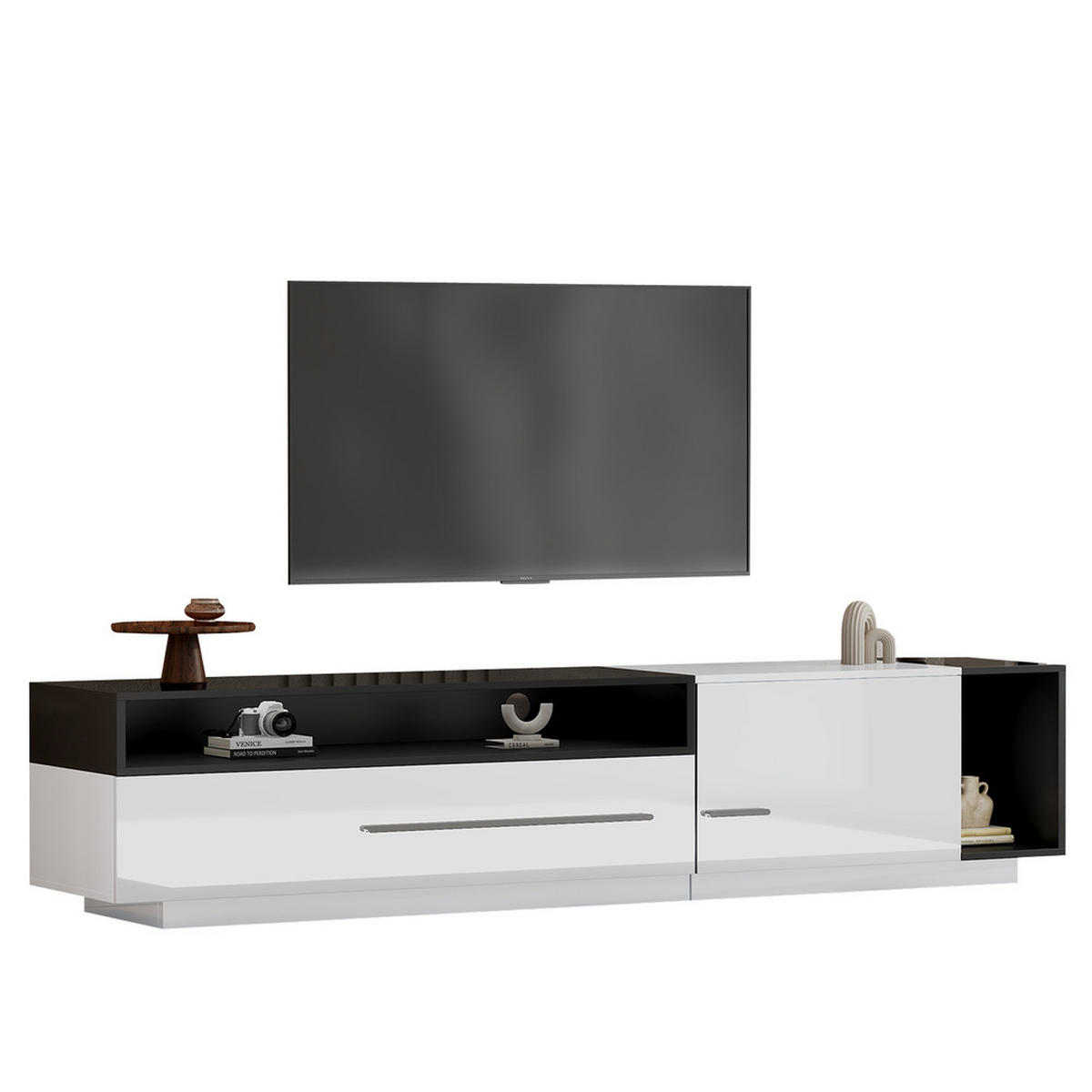 TV-SCHRANK 170cm Hochglanz Lowboard Schublade Tür & Fach bis 70 Zoll - Weiß, Holz (45.72/20.07/78.11cm) - FLIEKS