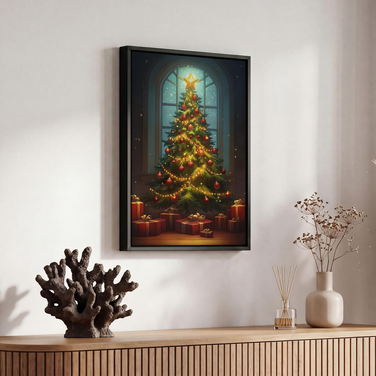 LEINWAND Bilder mit Rahmen - Weihnachtsbaum - Geschenk - Winter - 20x30 - Grün, Textil (20/30cm) - MuchoWow