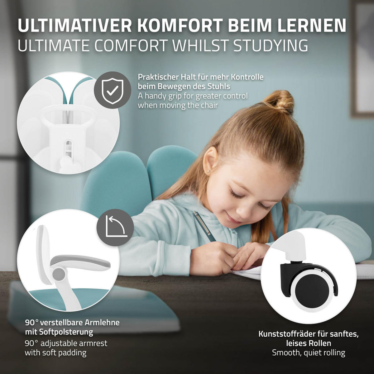 DĚTSKÁ ŽIDLE K PSACÍMU STOLU, petrolová, 95–107 cm, z polyesteru - bílá/petrolejová, textil/plast (53/107/53cm) - ML-DESIGN