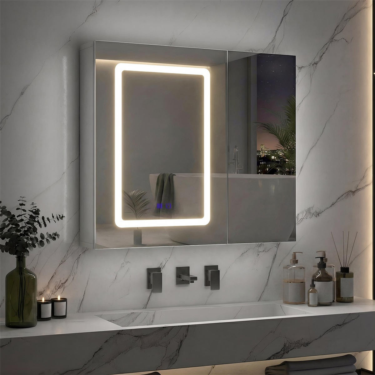 SPIEGELSCHRANK - zweitürig - mit LED-Beleuchtung - Antibeschlag-Funktion und doppelseitigem Spiegel - Weiß - Weiß, Holzwerkstoff (13.5/60/70cm) - DELFA