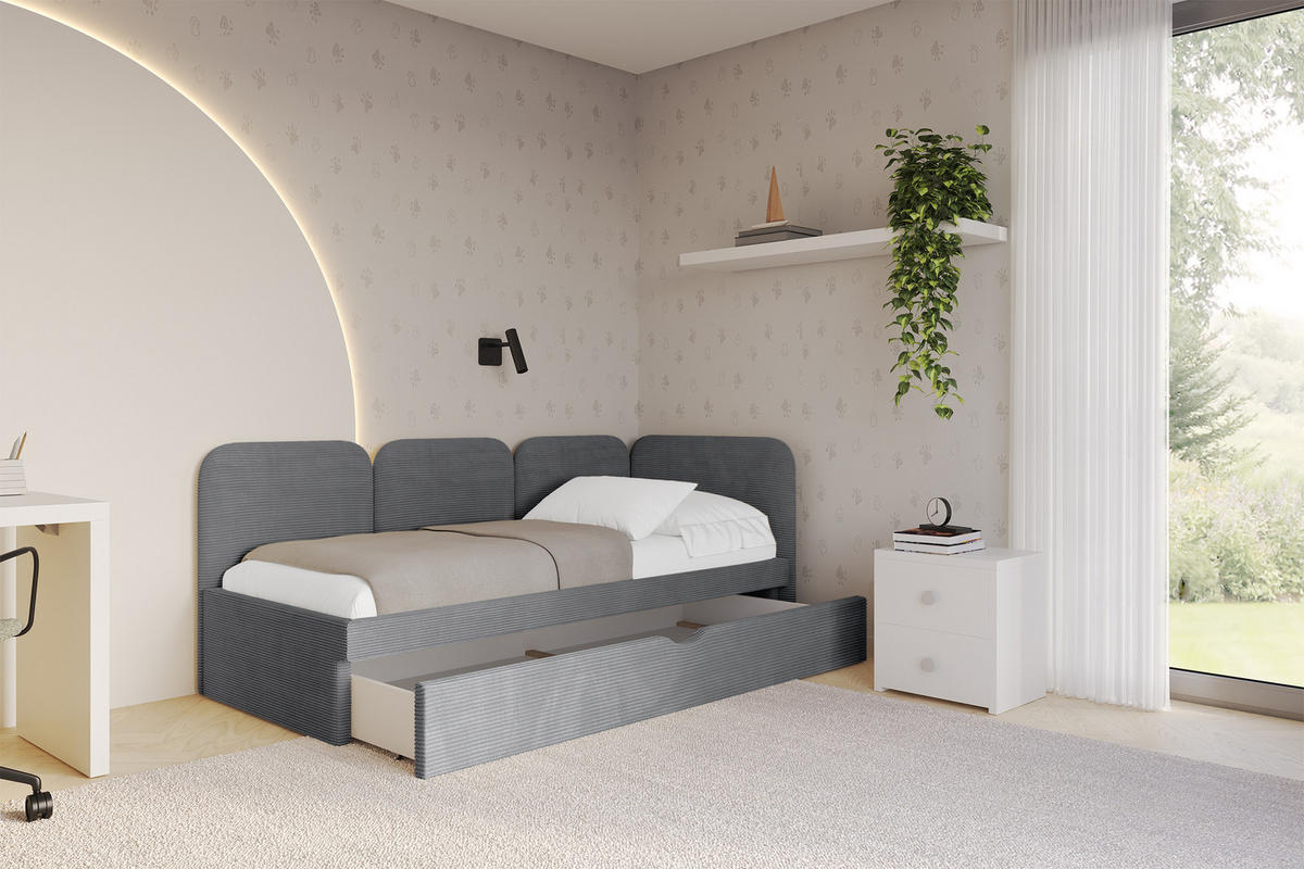 EINZELLBETT Jugendbett mit Bettkasten, Links - ALVY 80x200 Dunkelgrau - Dunkelgrau, Holzwerkstoff/Textil (80/200cm) - ALTDECOR