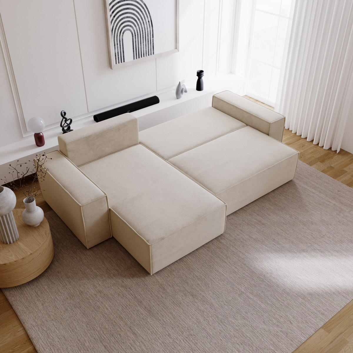 ECKSOFA mit Schlaffunktion Bergamo L 280 cm, Samt, Links - Beige - Beige, Holz (277/189cm) - Emporius