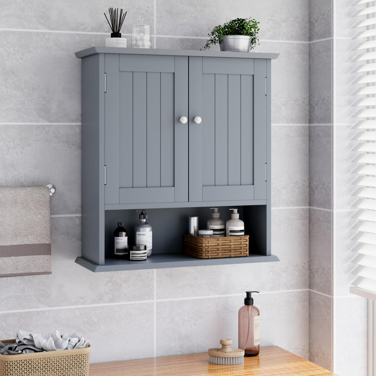 BADEZIMMERSCHRANK Wandregal mit Türen 54,6 x 19,8 x 60 cm Hellgrau - Hellgrau, Holzwerkstoff (19.8/60/54.6cm) - Beauniv