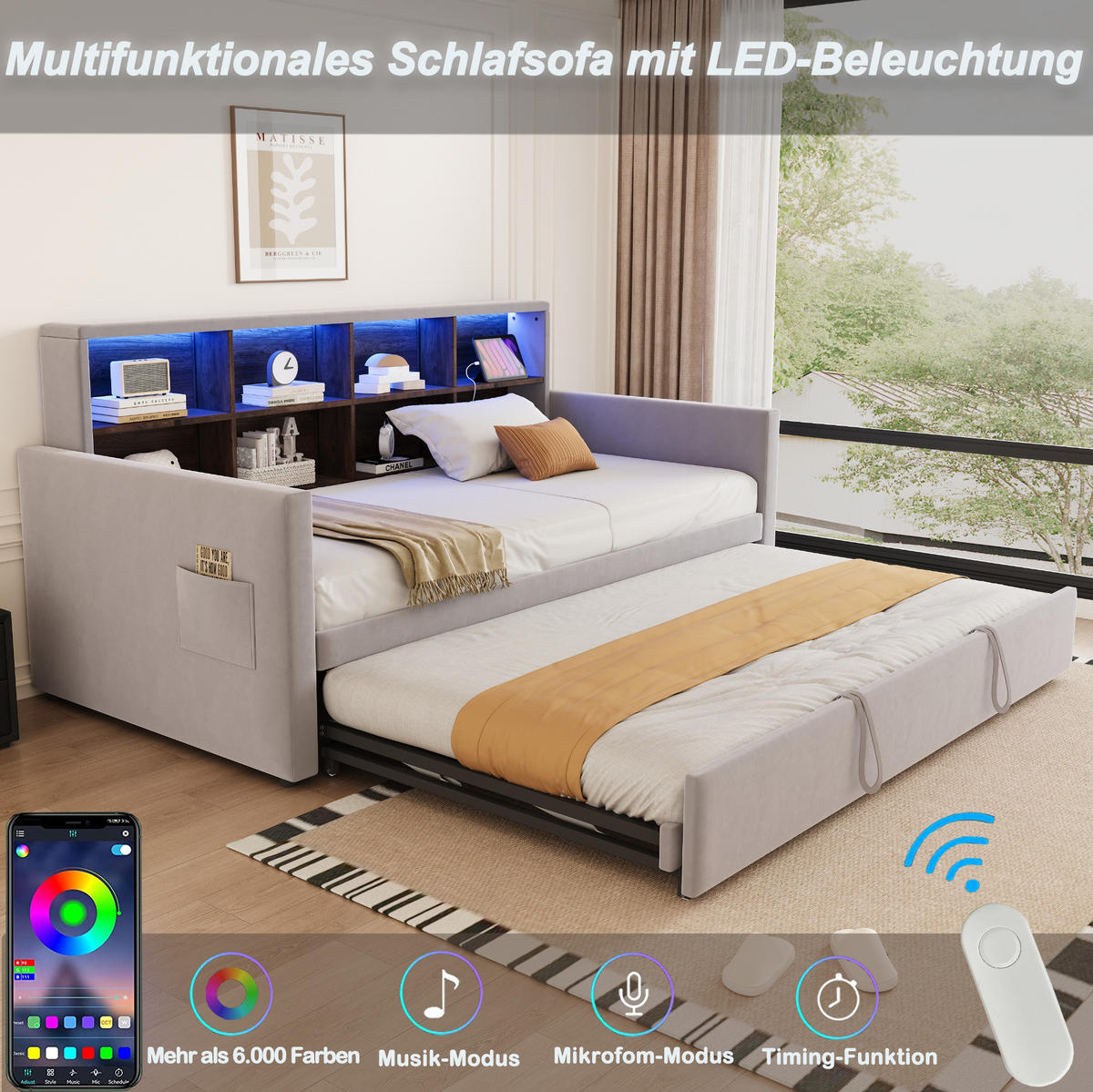SAMT-POLSTERBETT 90/190 cm mit LED-Beleuchtung und Stauraum in Hellgrau - Hellgrau, Textil (90/190cm) - BEAOK