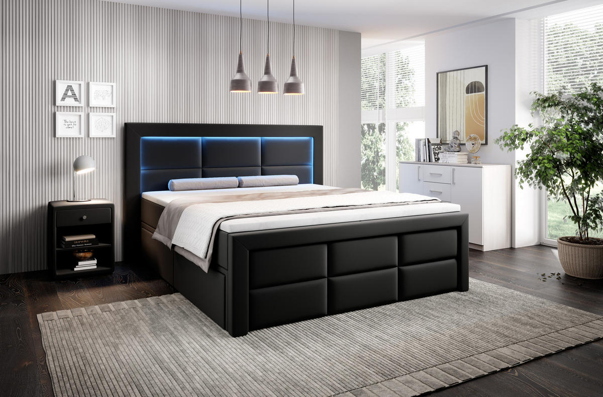 BOXSPRINGBETT Aspen mit Schubladen und Topper, LED-Beleuchtung, Kunstleder, 180x200 cm, Schwarz - Schwarz Hochglanz, Holz - PROMETO Möbel