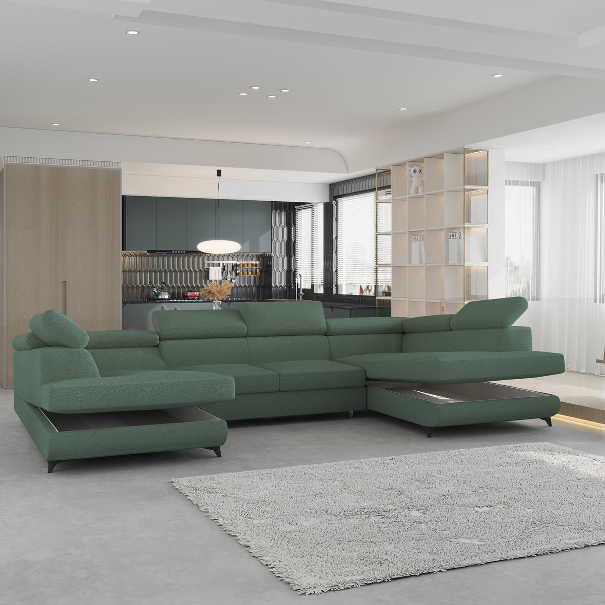 WOHNLANDSCHAFT VINTESSA Grün Boucle-Stoff mit Schlaffunktion - Grün, Holz (323/89/190cm) - MASSENO