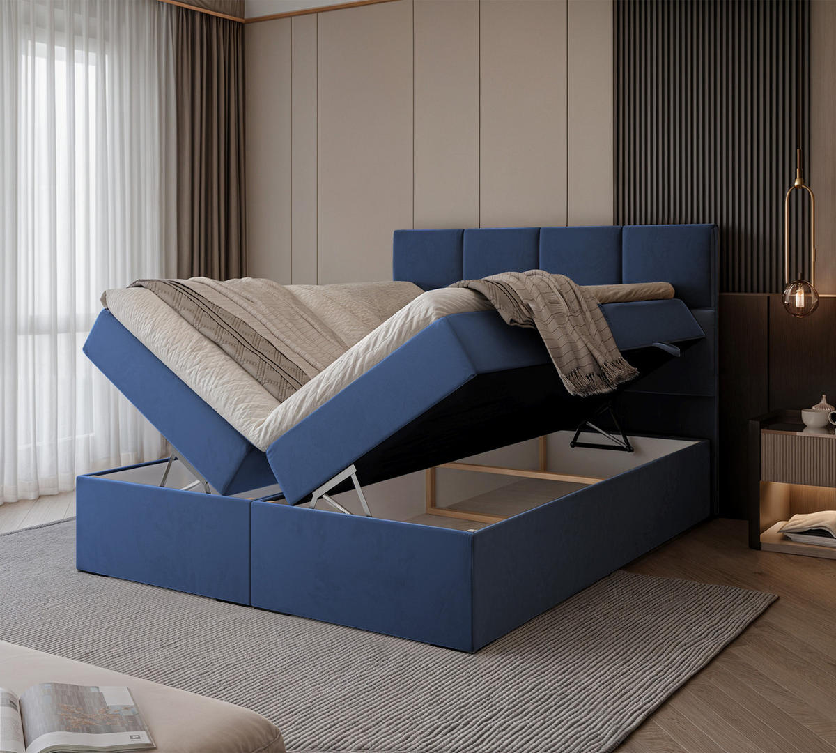 BOXBETT MAGNUS 200/200 cm mit Matratze und Topper, Marineblau - Dunkelblau, Textil (200/200cm) - Idohome