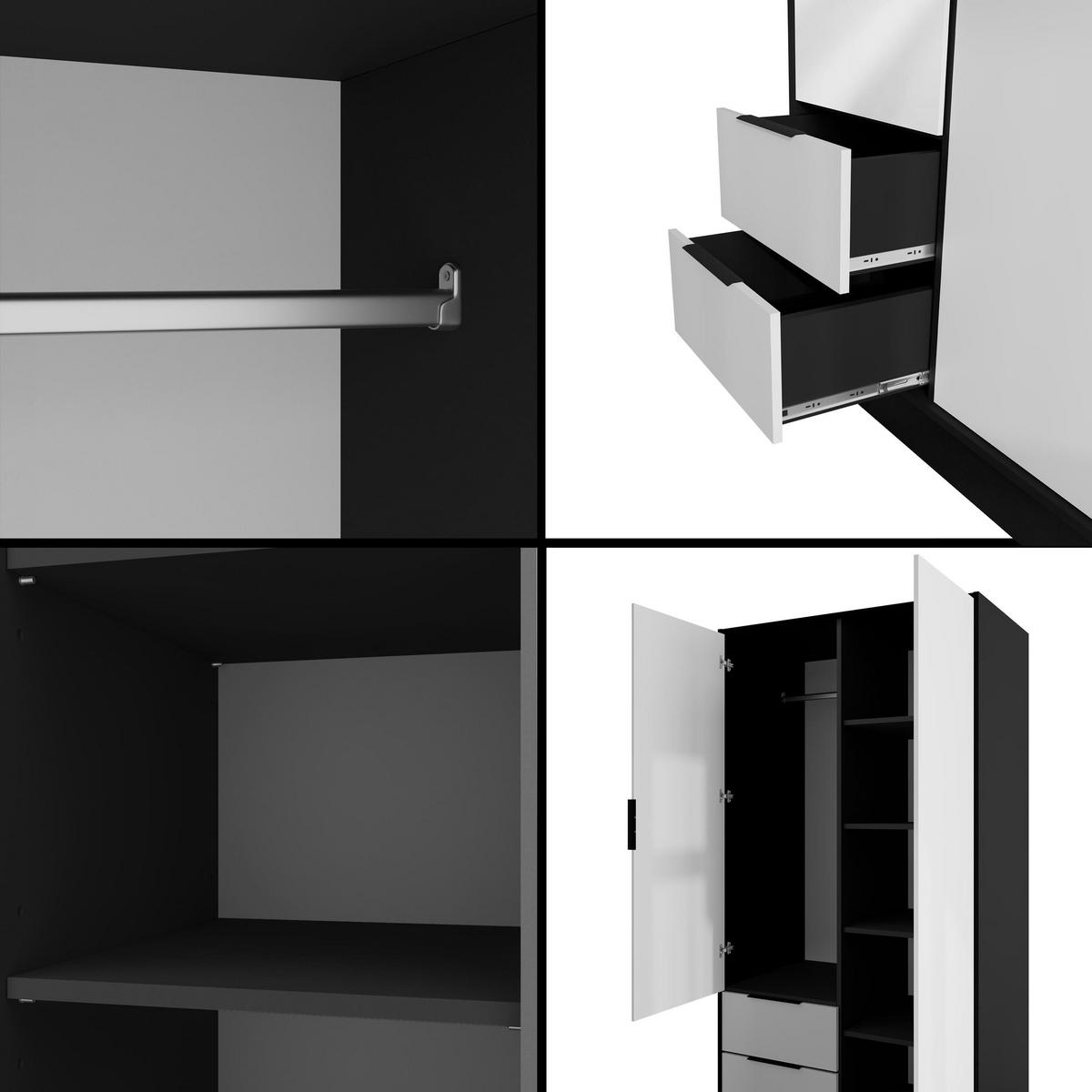 KLEIDERSCHRANK mit Spiegel und Flügeltüren KOLIN 100x200cm Schwarz / Weiß - Schwarz/Weiß, Holzwerkstoff (102/200/51cm) - ALTDECOR