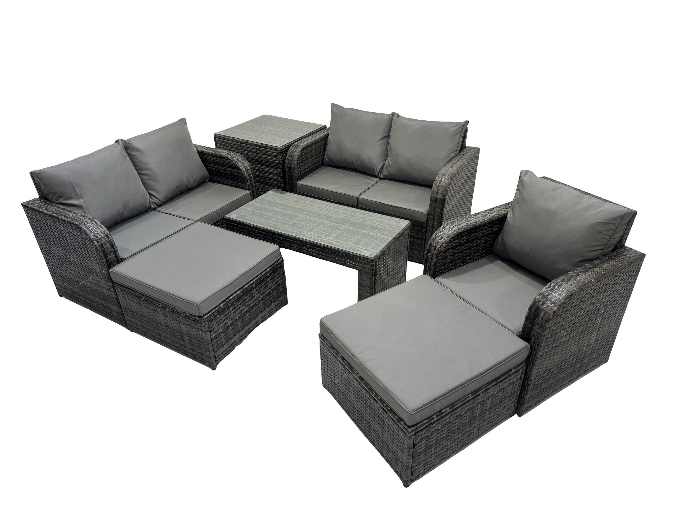 GARTENSOFA SET mit rechteckigem COUCHTISCH Polyrattan 7-Sitzer Dunkelgrau - Dunkelgrau/Grau, Glas/Kunststoff - Fimous