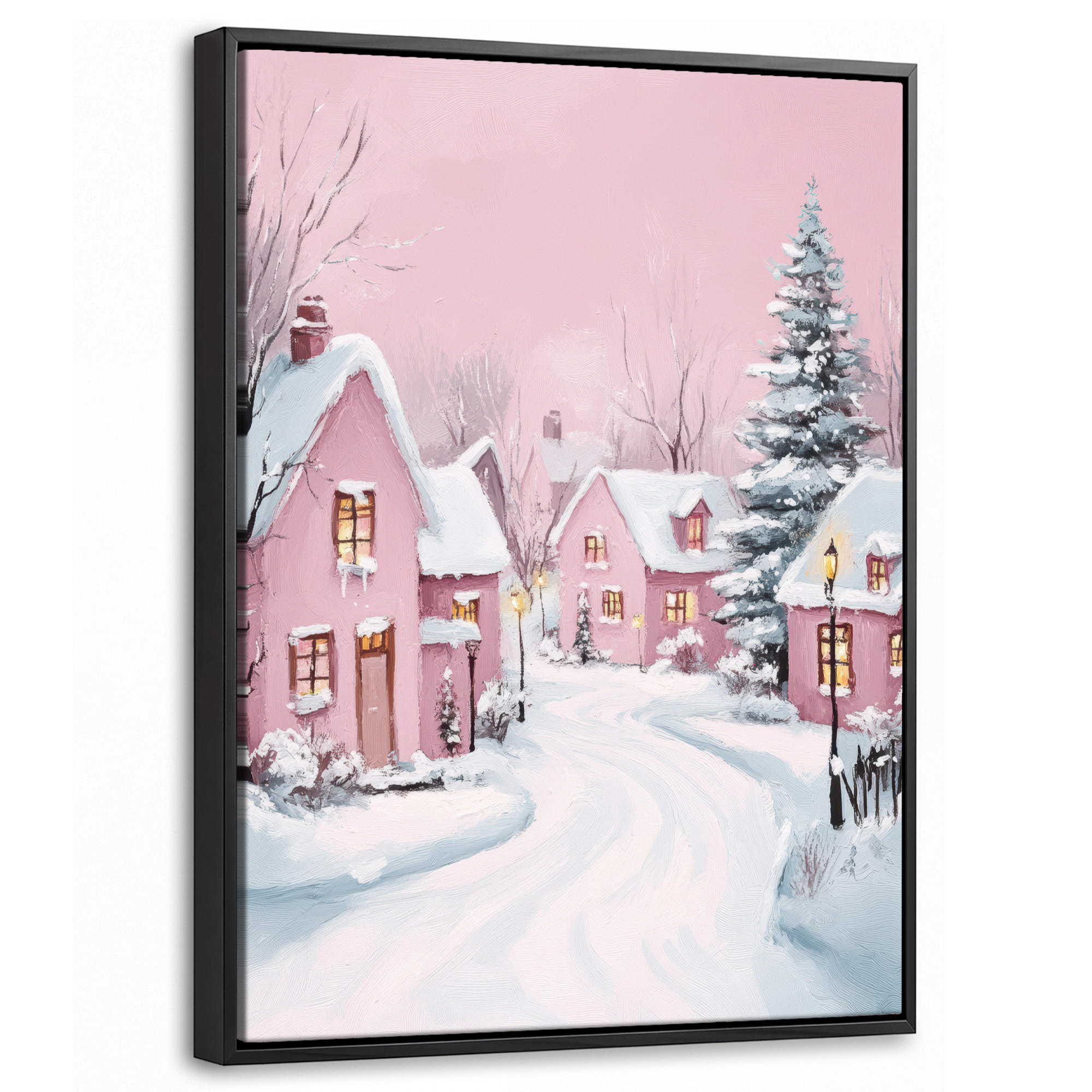 LEINWAND Bilder mit Rahmen - Weihnachtsdorf - Rosa - Winter - Schnee - Häuser - 30x40 - Altrosa, Textil (30/40cm) - MuchoWow