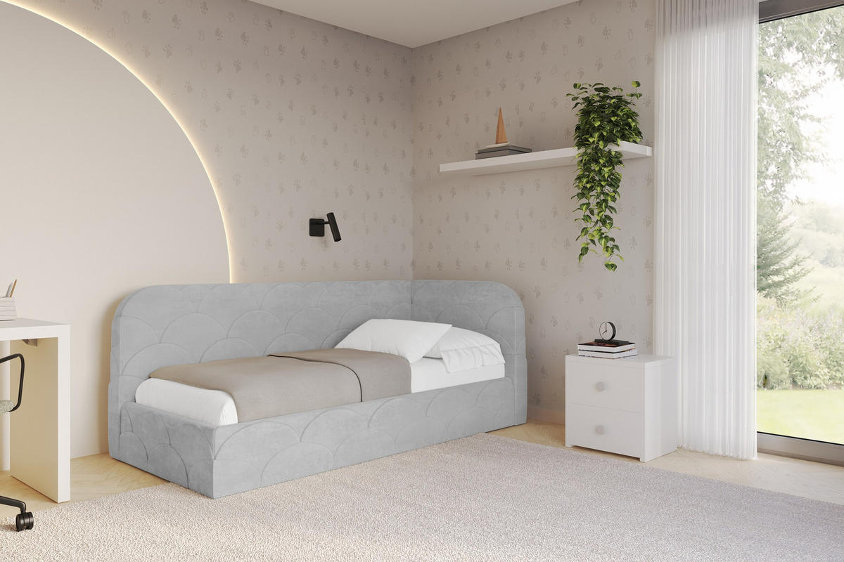 EINZELLBETT Jugendbett mit Bettkasten und Matratze H3/H4, Links - ELRY 90x200 Grau - Hellgrau, Holzwerkstoff/Textil (90/200cm) - ALTDECOR