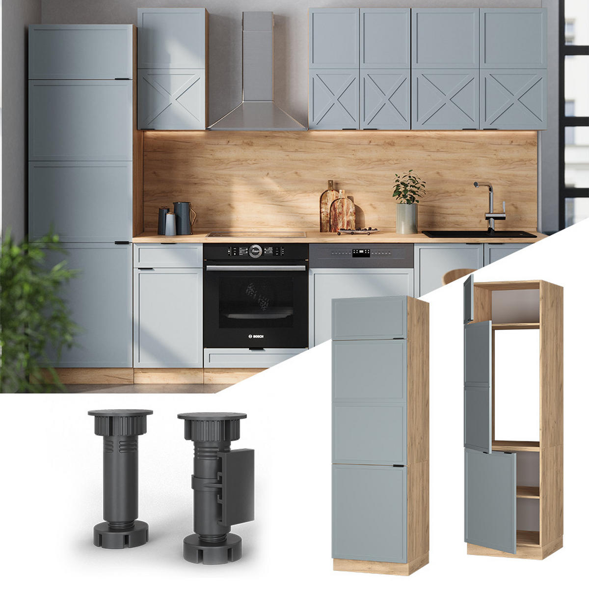 KÜCHENSCHRANK Fame-Line Hellblau-grau 60 cm - Honigeiche/Hellblau, Holzwerkstoff (60/206.8/58.1cm) - Vicco