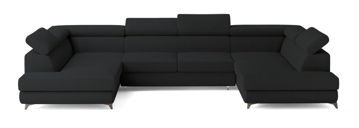 WOHNLANDSCHAFT VINTESSA Schwarz Boucle-Stoff mit Schlaffunktion - Schwarz, Holz (323/89/190cm) - MASSENO