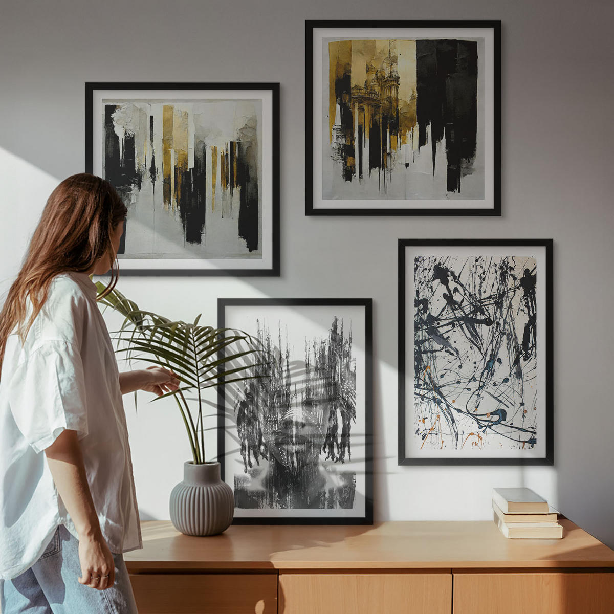 WANDBILDER 4er-Set - 50x50 cm & 40x60 cm Schwarzer Rahmen - Kontrastierende abstrakte Porträts - Schwarz, Kunststoff (50/50cm) - ArtPrintCave