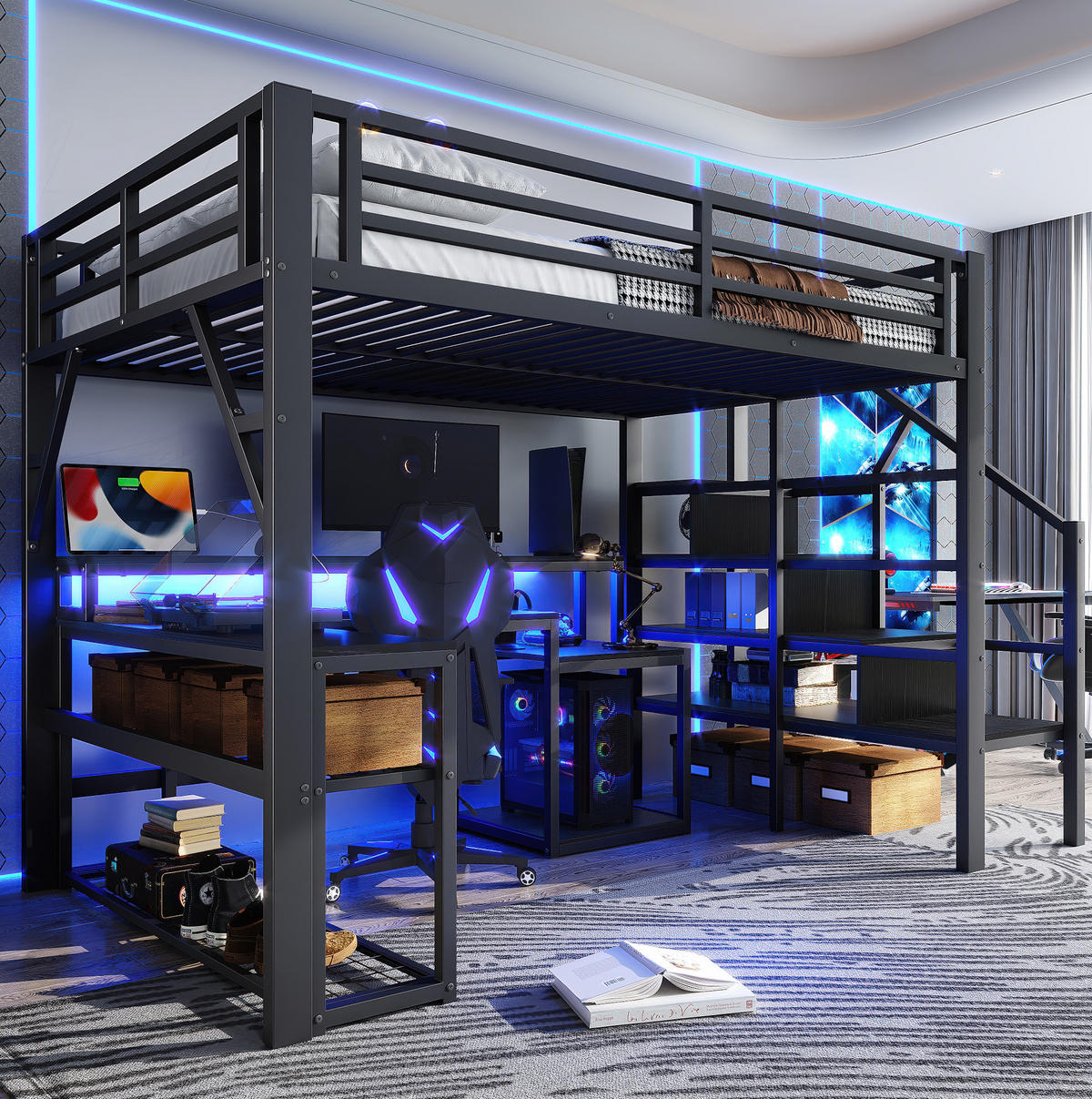 HOCHBETT 140/200 cm Schwarz aus Metall und MDF mit Schreibtisch - Schwarz, Metall (140/200cm) - OKMYHOME