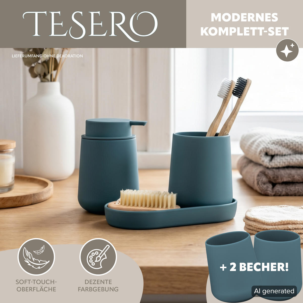 BAD-ACCESSOIRES-SET TESERO 5tlg., Soft-Touch, blau - Blau, Kunststoff (8.5/12/9cm) - eluno