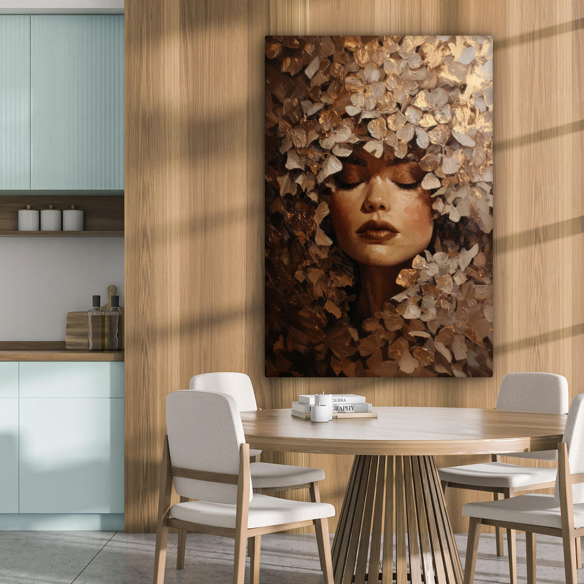 LEINWANDBILD Gesicht - Dame - Blätter - Pinselstriche Deko Groß 90x140 cm - Goldfarben, Textil (90/140cm) - MuchoWow