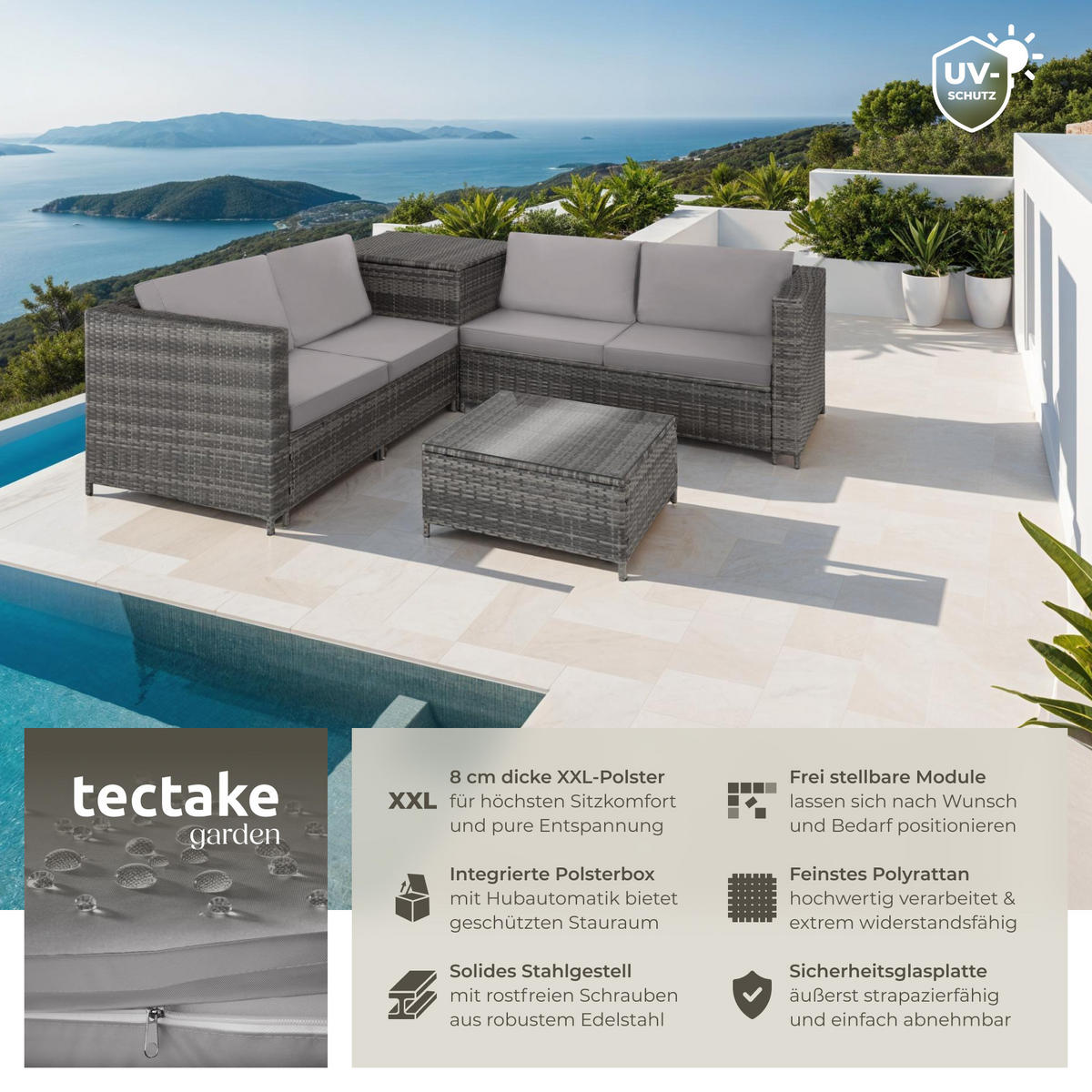 RATTANLOUNGE Siena,mit Sicherheitsglasplatte,grau/hellgrau - Grau, Kunststoff - tectake