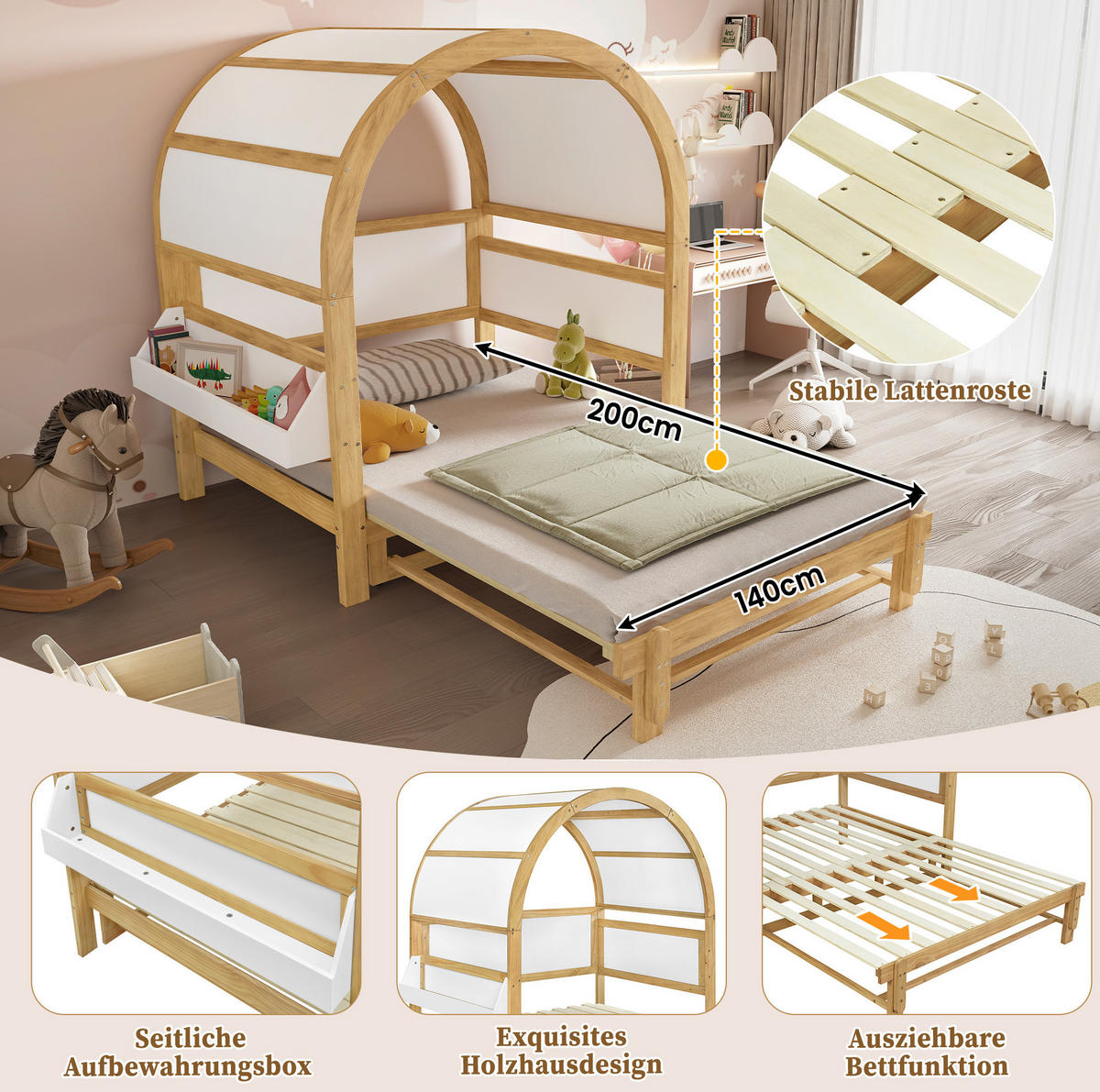 HAUSBETT aus Kiefer und MDF 140x200 cm Weiß/Natur mit Ausziehbett, Ablagefläche und gewölbtem Dach - Weiß, Holzwerkstoff (140/200cm) - Modfu
