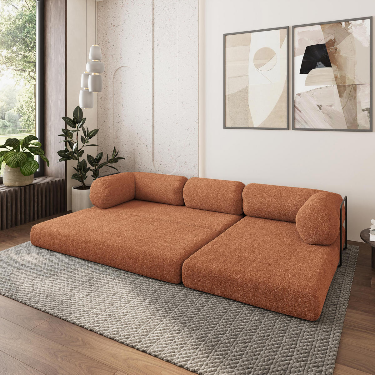 ROHOVÁ SEDAČKA KELI modulární Boneless pohovka s funkcí spaní, měděná QUELLE 54 - pomerančová, textil (270/160cm) - MASSENO